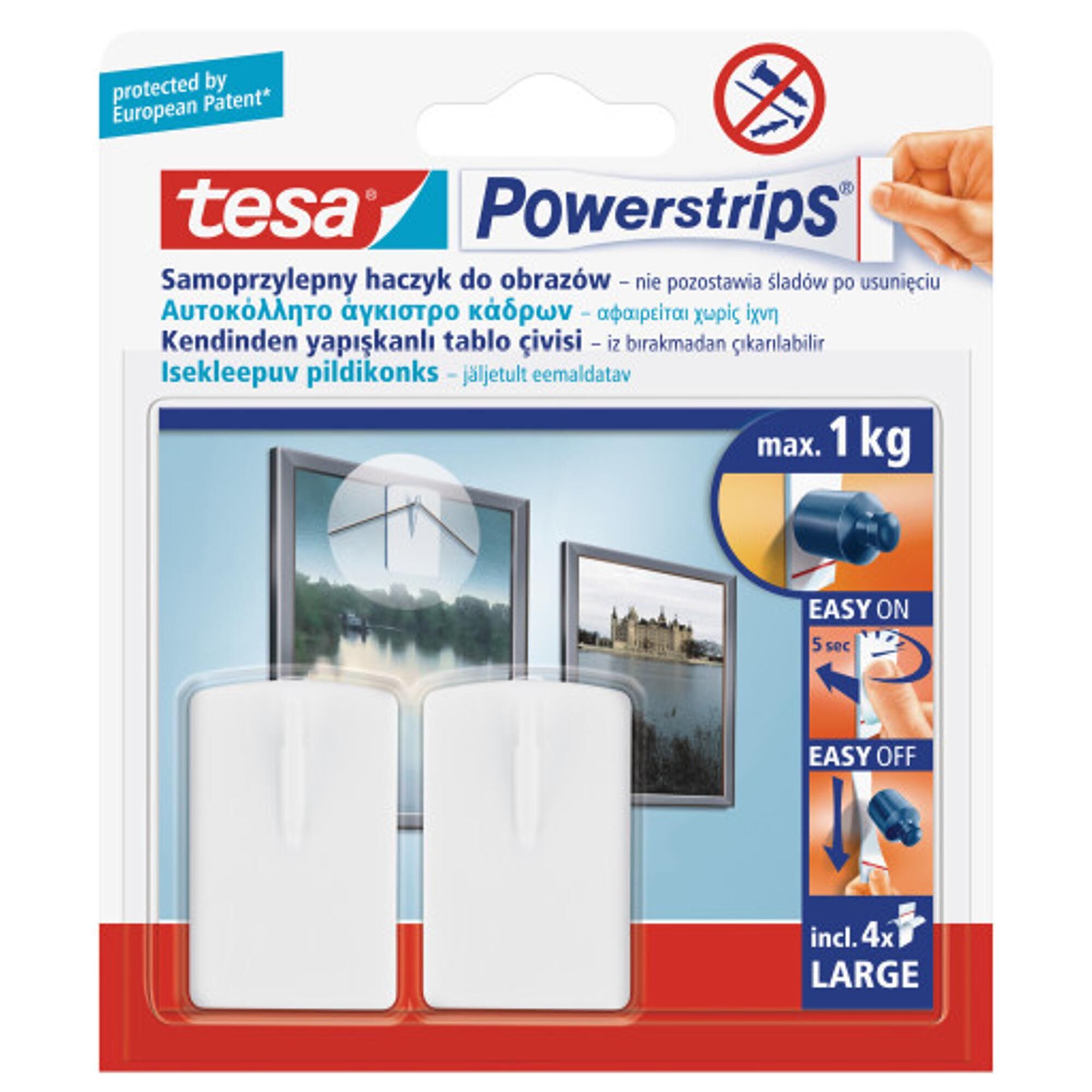 Haczyki samoprzylepne Powerstrips Tesa kwadratowe duże białe blister 2szt.