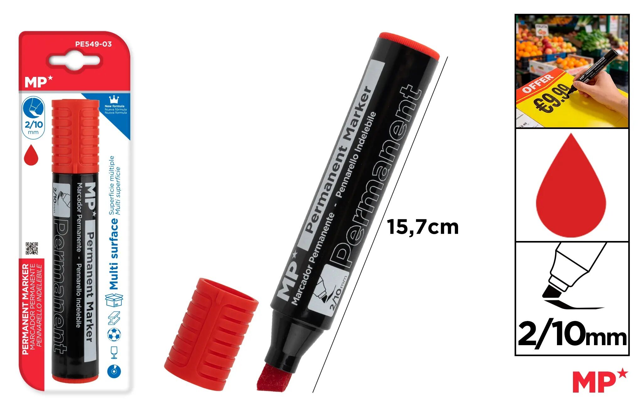 Marker permanentny z płaską końcówką MP 2/10mm czerwony blister