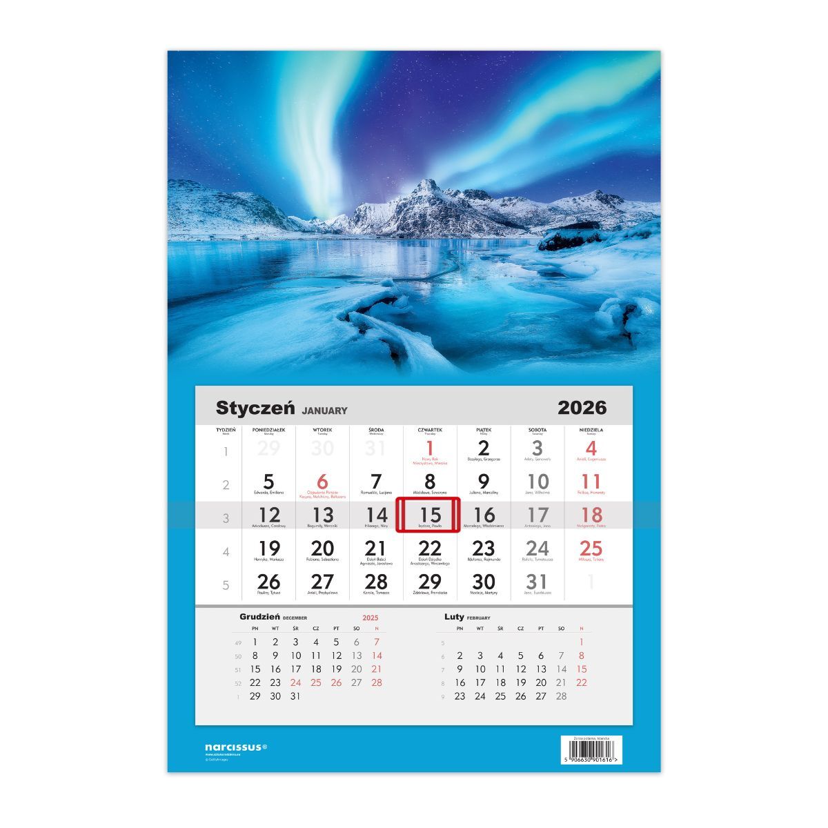 Kalendarz 2026 Jednodzielny Zorza polarna Islandia