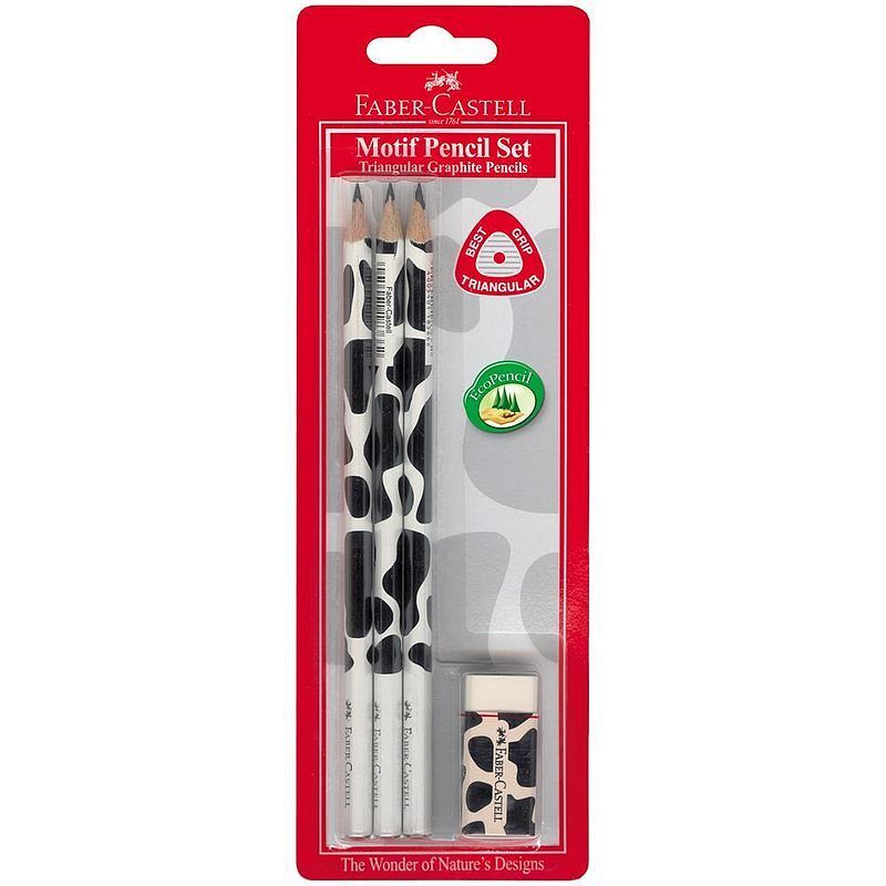 Ołówki trójkątne faber-castell motyw krowa 3 sztuki + gumka blister
