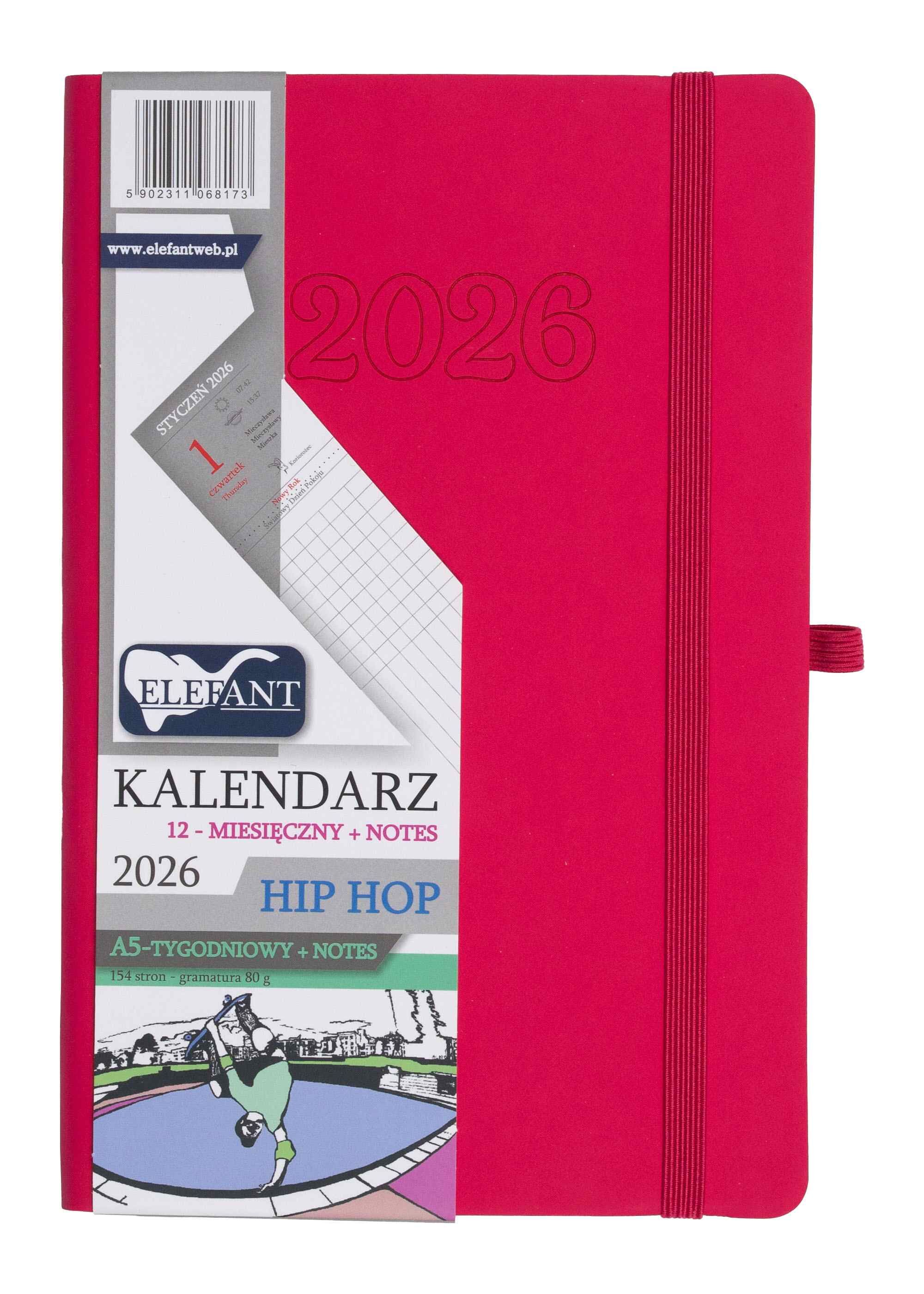 Kalendarz 2026 12 m-cy. Hip hop A5 tygodniowy różowy