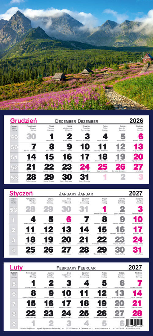 Kalendarz 2027 trójdzielny ścienny Tatry