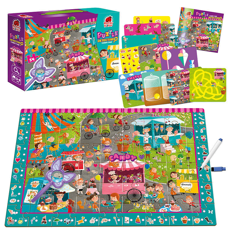 Puzzle 54 z grą edukacyjną i lupą detective candy fair rk1080-06