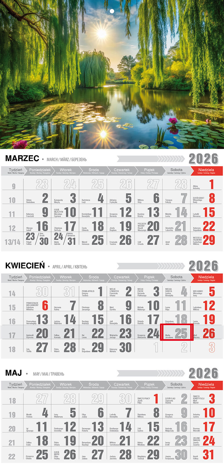 Kalendarz 2026 trójdzielny ekonomiczny z magnesem Wiosna KTM VM17