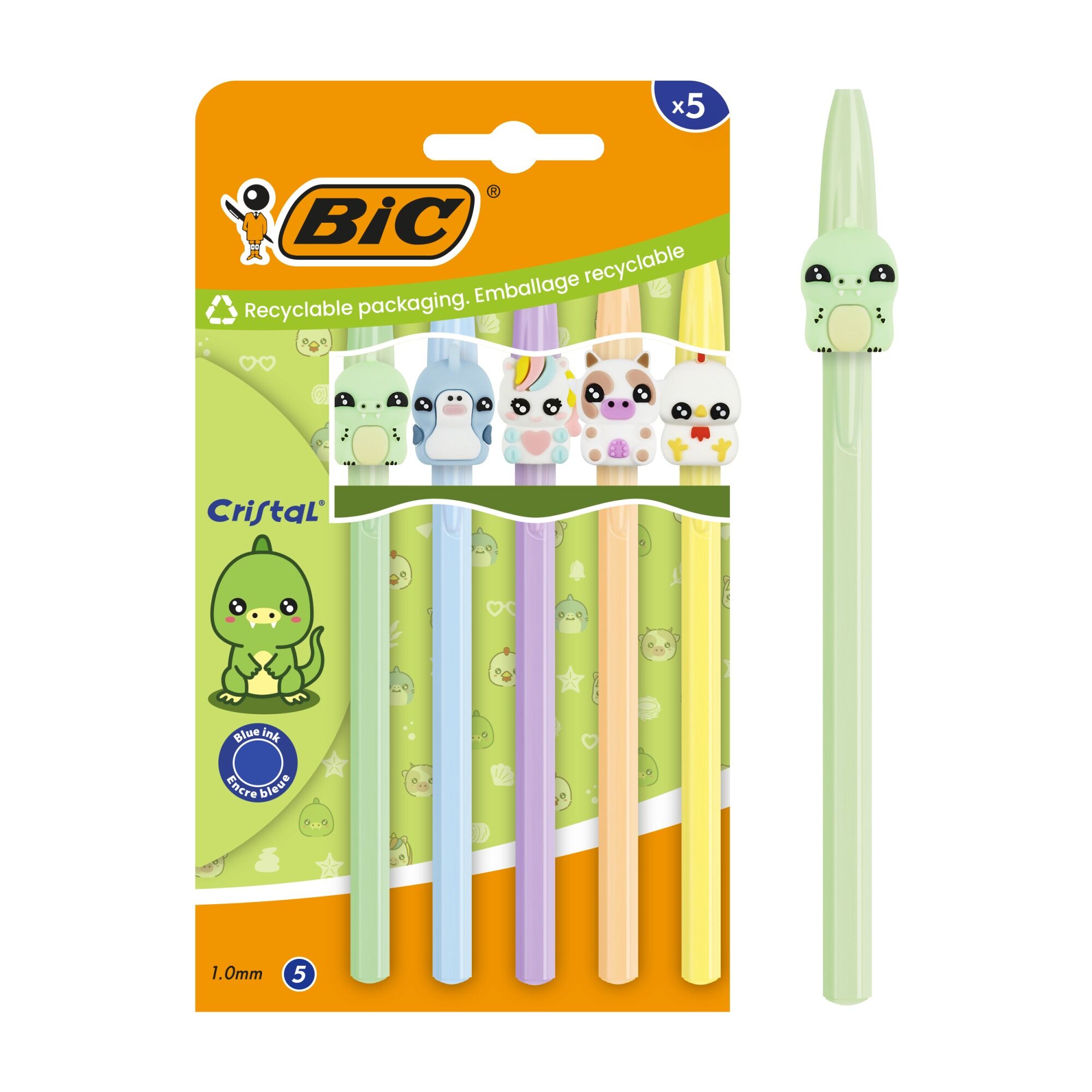 Długopis niebieski BIC Cristal Pastel Figurine Green 5szt.mix kolorów