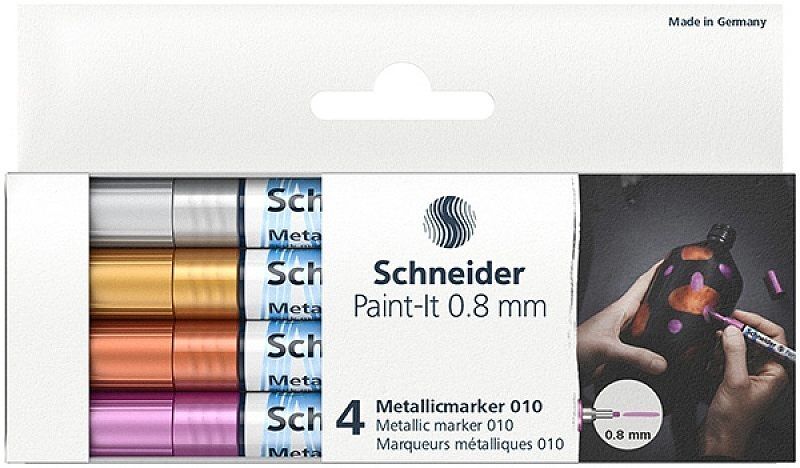 Marker akrylowy schneider paint-it metalli 4 sztuki (srebrny, złoty, miedziany, fioletowy)