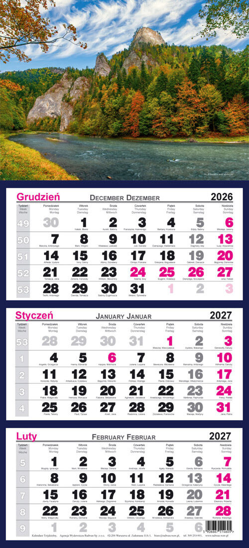 Kalendarz 2027 trójdzielny ścienny Dunajec