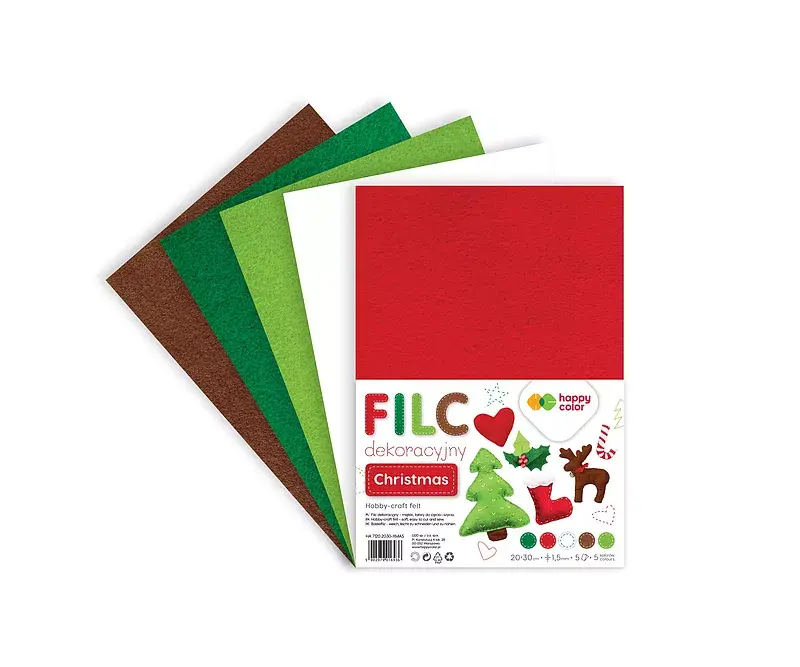 Filc dekoracyjny christmas 20x30 cm 1,5 mm 5 arkuszy happy color