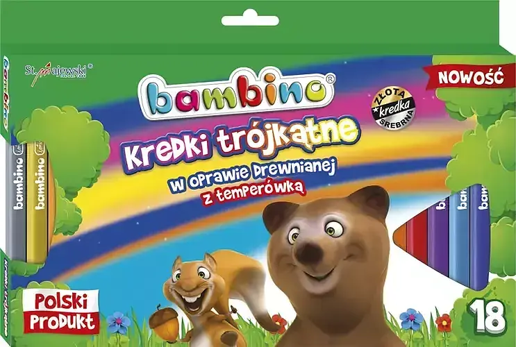 Kredki trójkątne Bambino w oprawie drewnianej 18 kolorów + temperówka