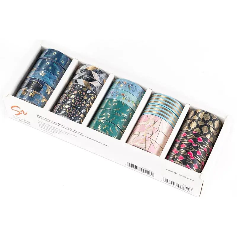 Washi tape gold narcissus set 2 display mix 25 sztuk