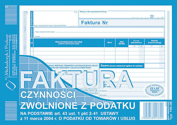 Faktura czynności zwolnione z podatatku a5