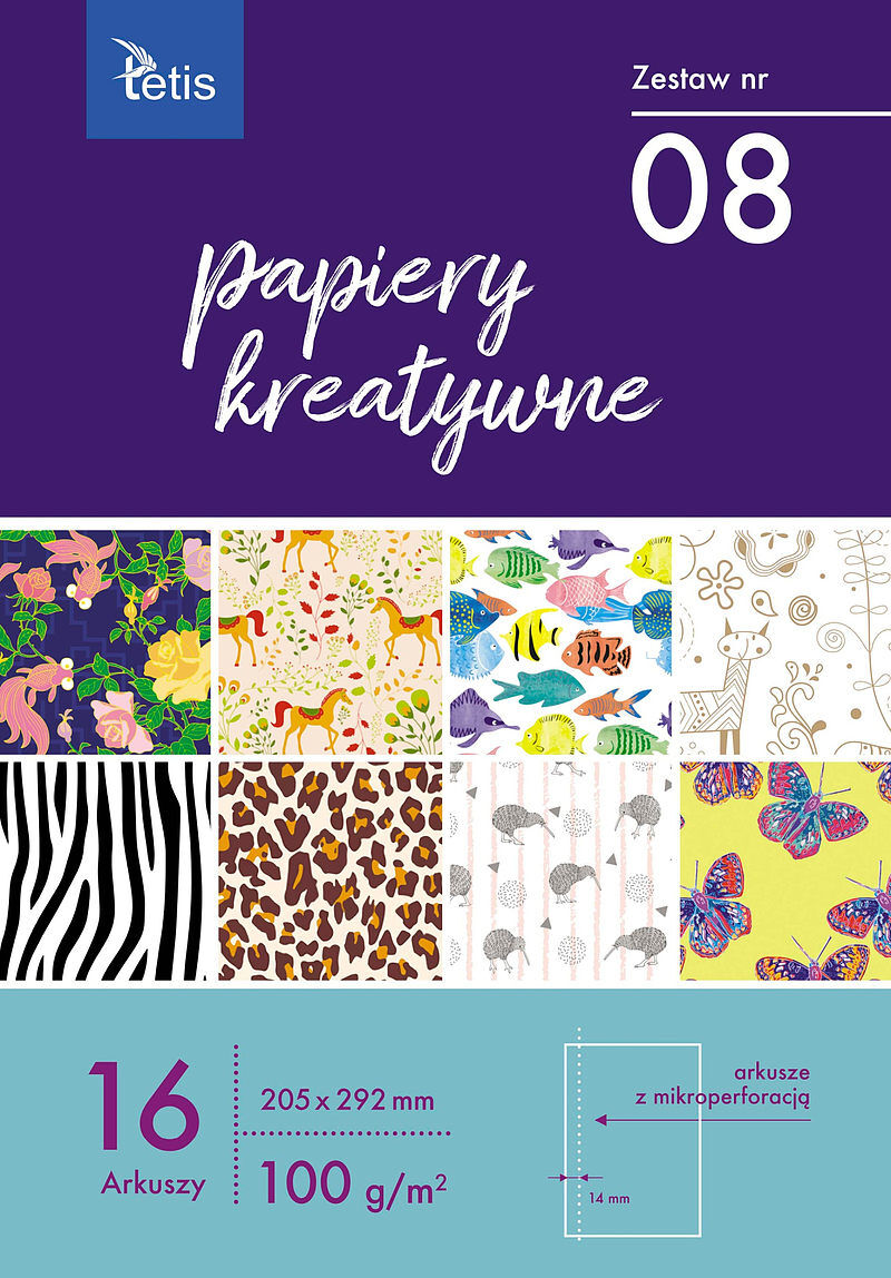 Papiery kreatywne zestaw 8 100g/m2 16 ark