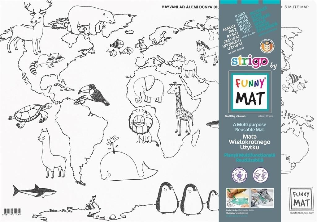 Strigo, Mata biała Funny Mat recycled - Mapa świata zwierzęta