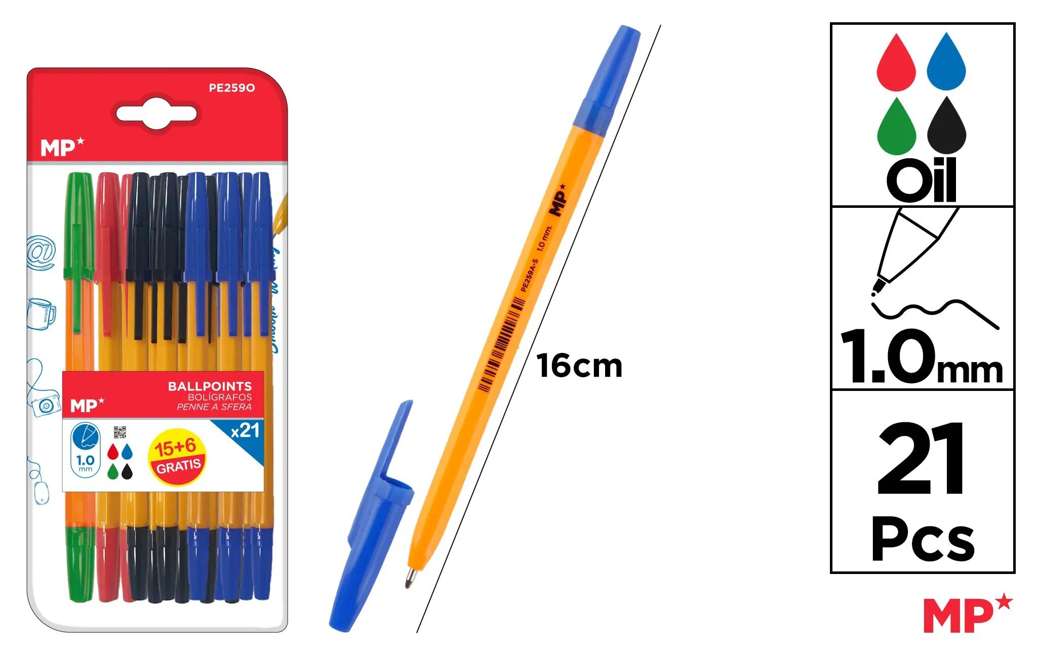 Długopis MP 1.0mm mix kolorów blister 21 sztuk