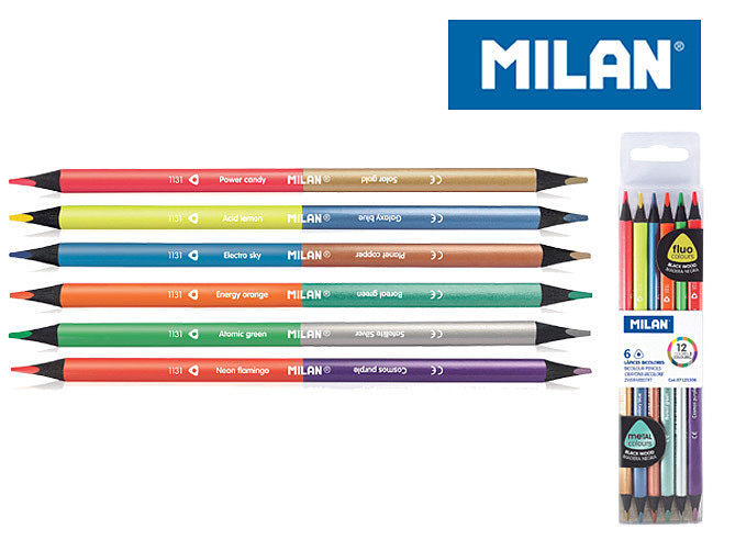 Kredki milan trójkątne bicolor fluo metalizowane 6 sztuk 12 kolorów
