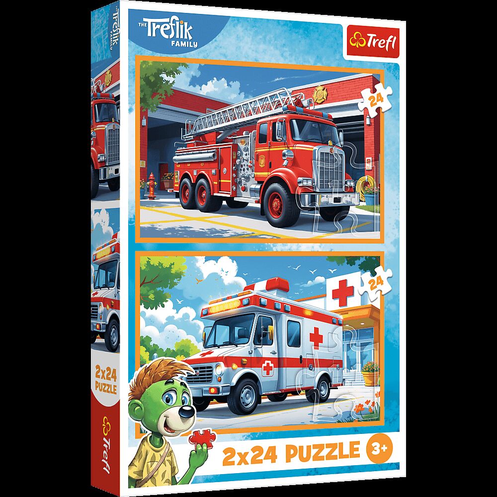 Puzzle 2x24 Rodzina Treflików Wóz Strażacki i Karetka 34447