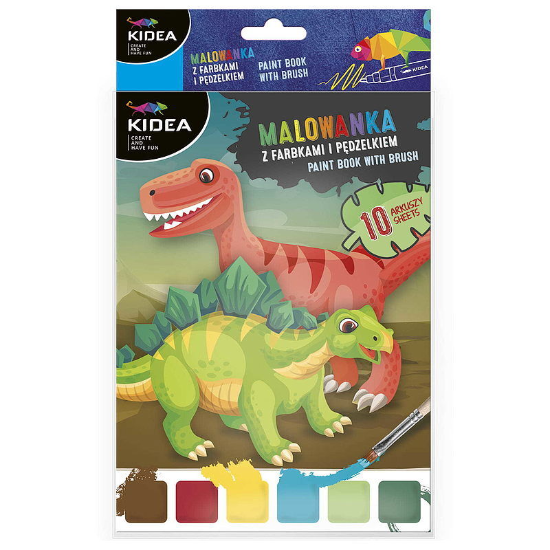 Malowanka z farbkami i pędzelkiem kidea dinozaury