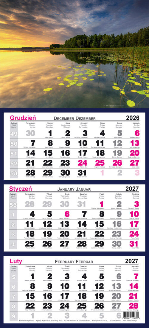 Kalendarz 2027 trójdzielny ścienny Mazury