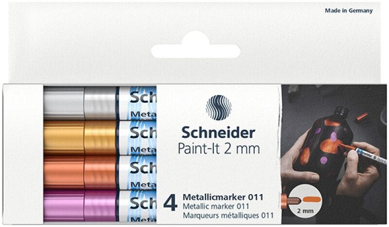 Marker akrylowy Schneider Paint-It Metallic 4 sztuki (srebrny, złoty, miedziany, fioletowy)