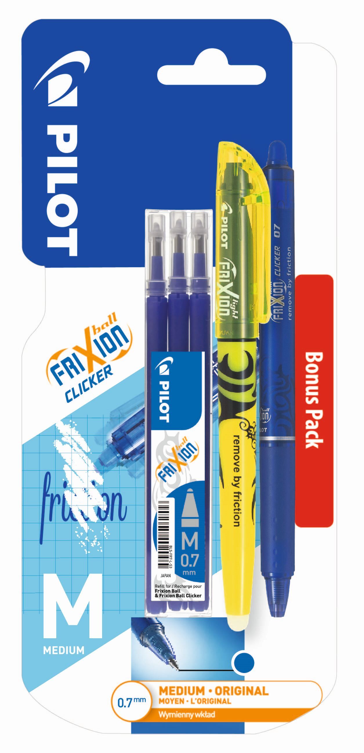 Pióro kulkowe Frixion Clicker Pilot granatowe + wkład granatowy x3 + zakreślacz żółty x1 blister