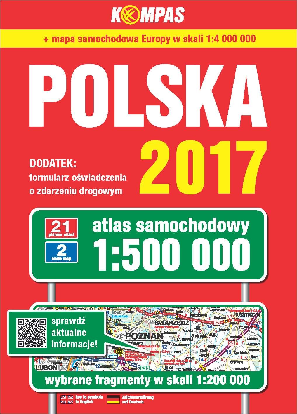 Atlas samochodowy Polski 2017 kompas 1:500 000