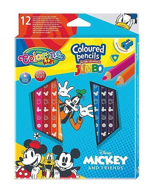 Kredki ołówkowe trójkątne jumbo colorino kids 13 kolorów 12 sztuk z temperówką mickey