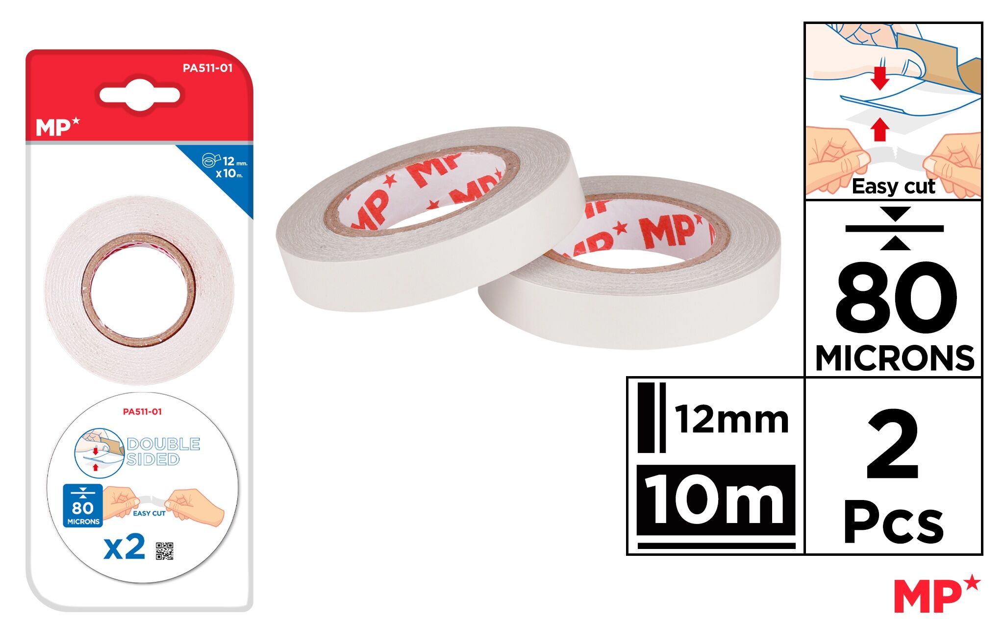 Taśma MP dwustronna 12mmx10m 80 mikronów blister 2 sztuki