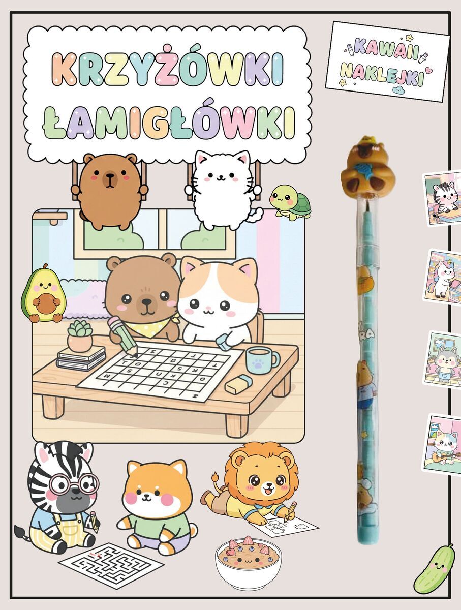 Krzyżowki, łamigłówki. Kawaii i naklejki