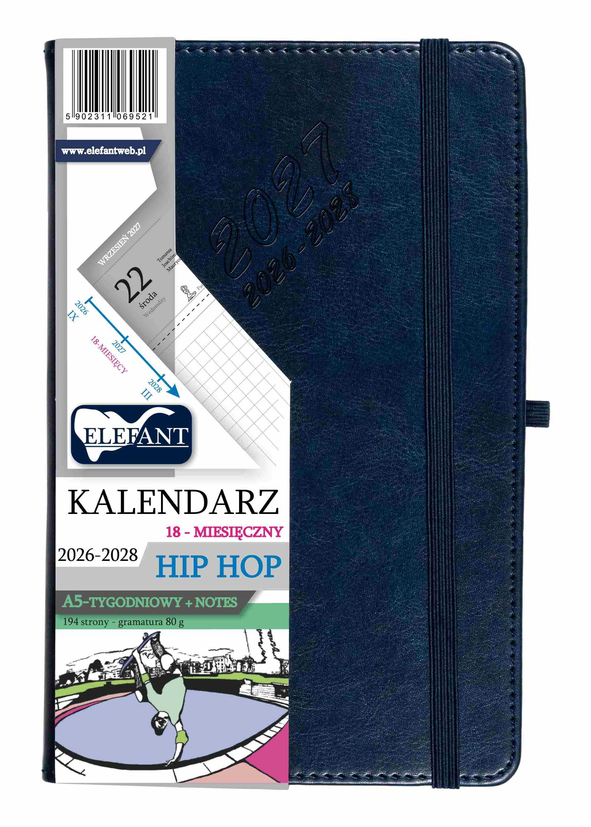 Kalendarz 2026/2028 18 m-cy. Hip hop A5 tygodniowy granatowy
