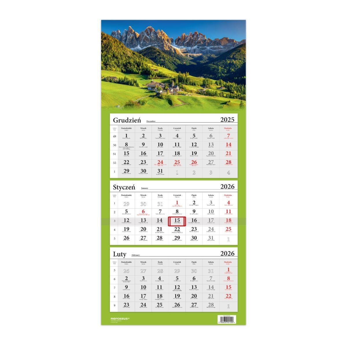 Kalendarz 2026 Trójdzielny Góry Dolomity