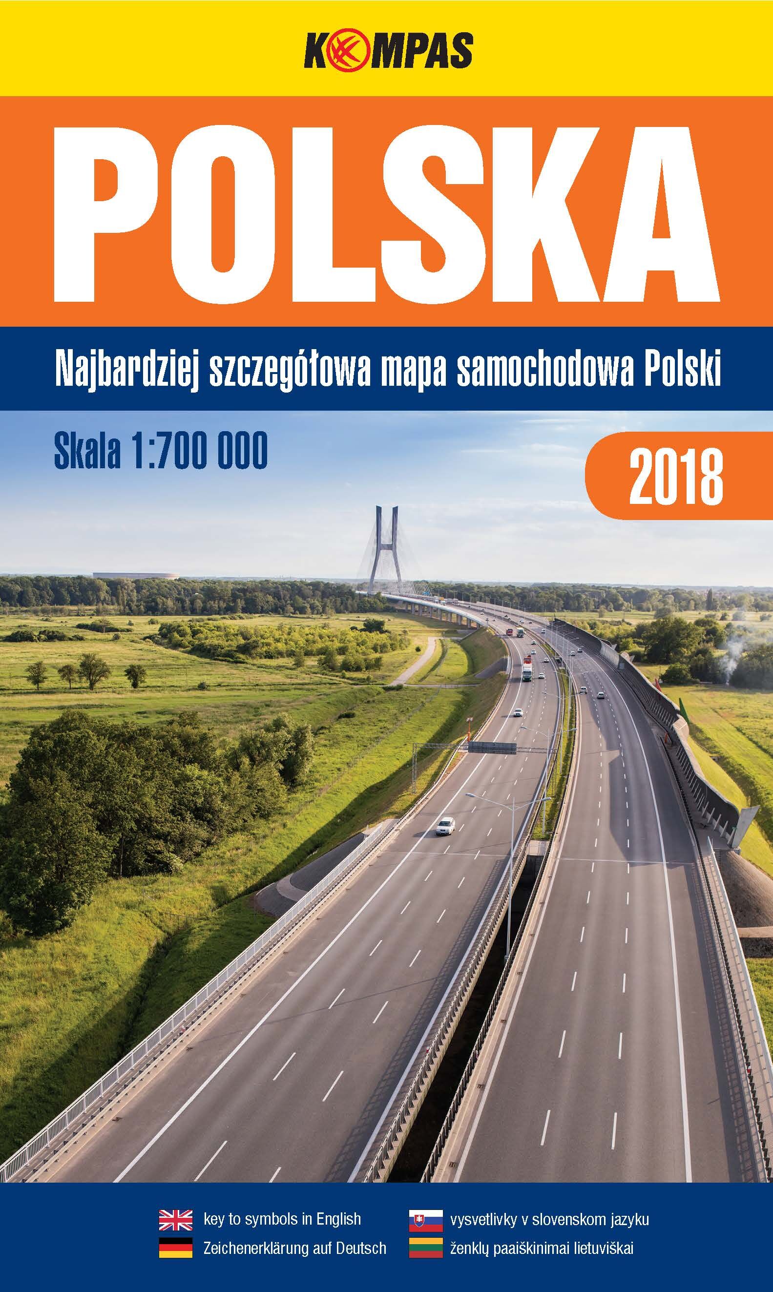 Polska 2018. Mapa samochodowa. Skala 1:700 000