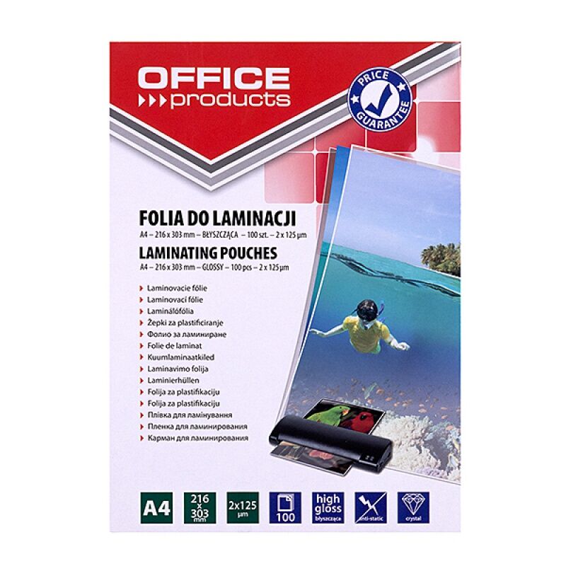 Folia do laminowania A4 Office Products  2x125mikr błyszcząca 100szt. Transparentna