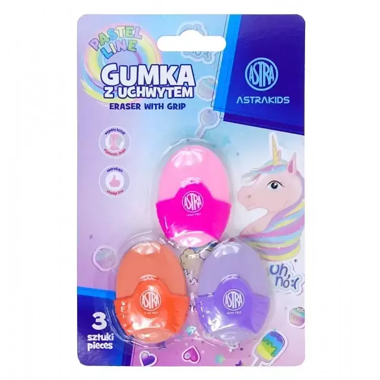 Gumka owalna z uchwytem astrakids unicorn 3 szt
