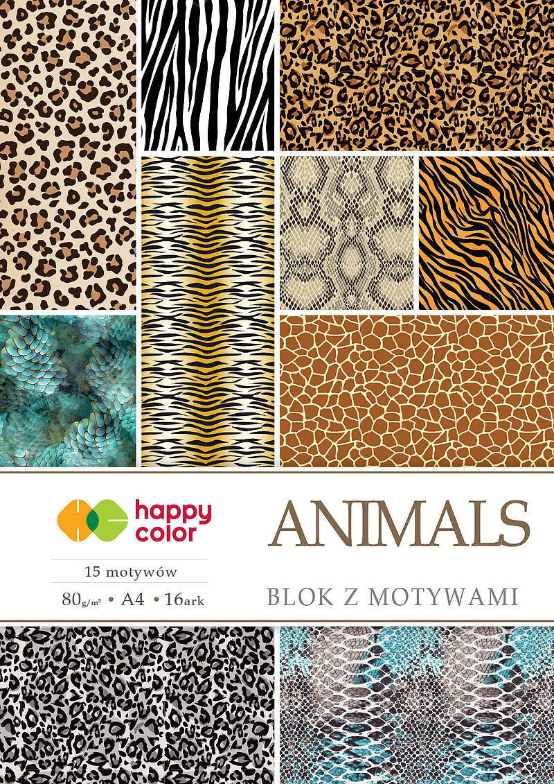 Blok happy color z motywami animals a4 15+1 arkuszy 80g/m2, 15 motywów