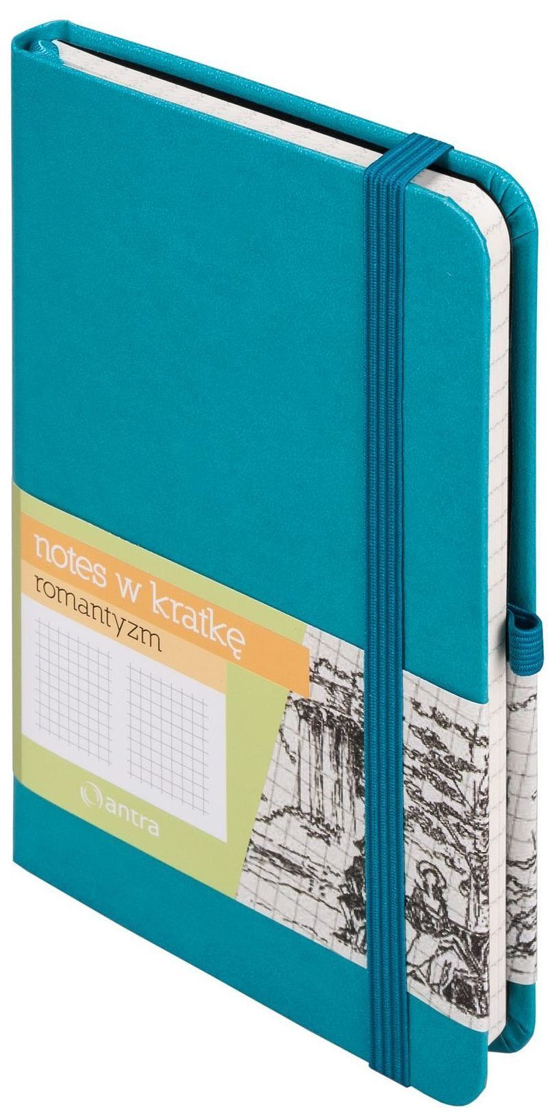 Notes A6 kieszonkowy z gumką Romantyzm kratka turkusowy