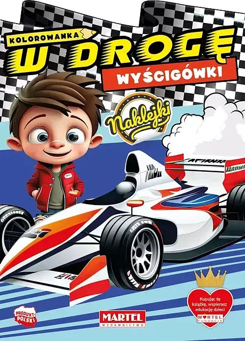 Kolorowanka wyścigówki z naklejkami. W drogę