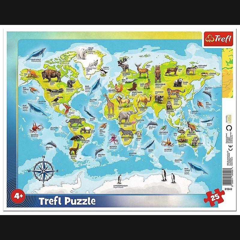 Puzzle 25 ramkowe mapa świata ze zwierzętami 31340