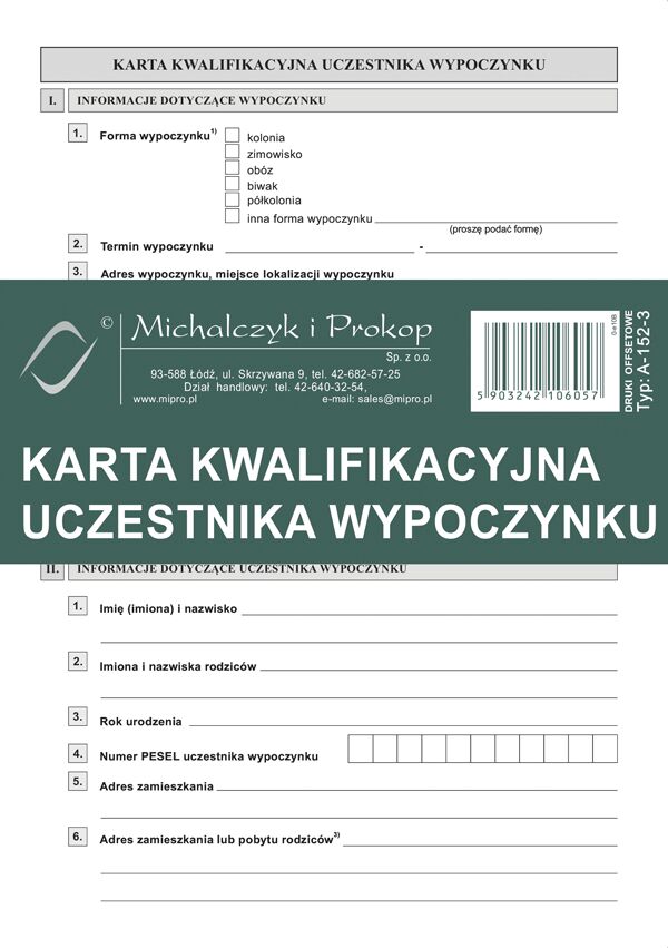Karta kwalifikacyjna uczestnika wypoczynku