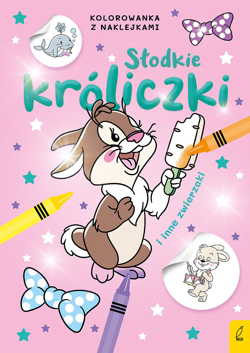 Słodkie zwierzaki. Słodkie króliczki i inne zwierzaki. Kolorowanka z naklejkami