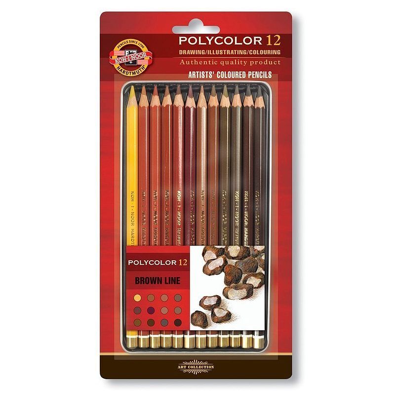 Kredki ołówkowe polycolor koh-i-noor 3822 12 kolorów linia brązy opakowanie metalowe