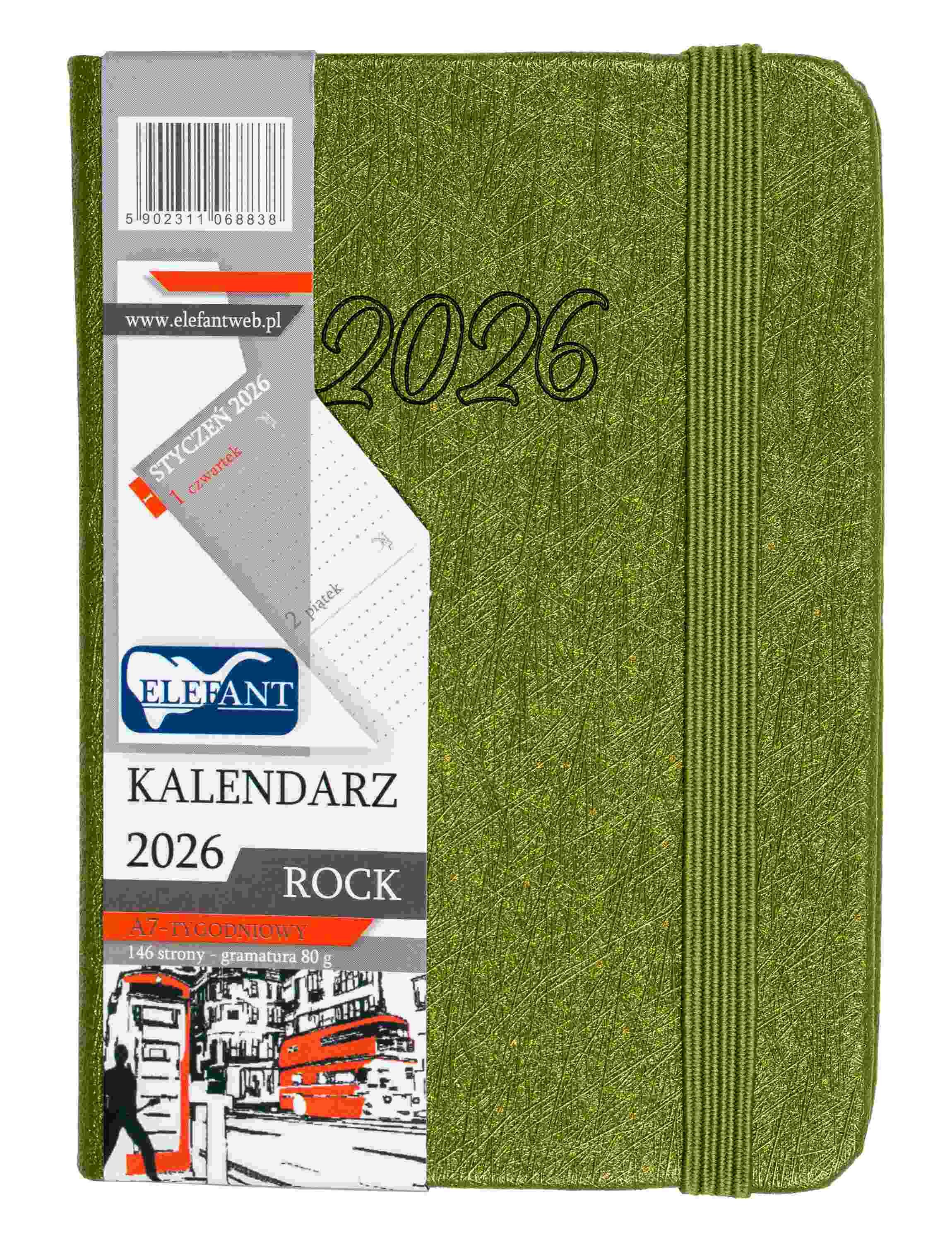 Kalendarz 2026 Rock A7 tygodniowy oliwkowy