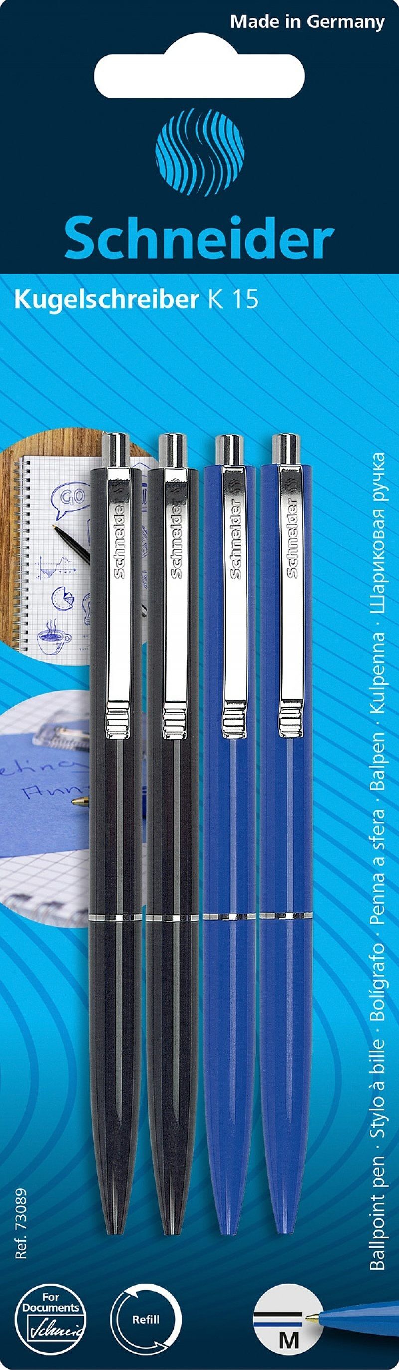 Długopisy automatyczne schneider k15, 2x czarny + 2x niebieski, blister
