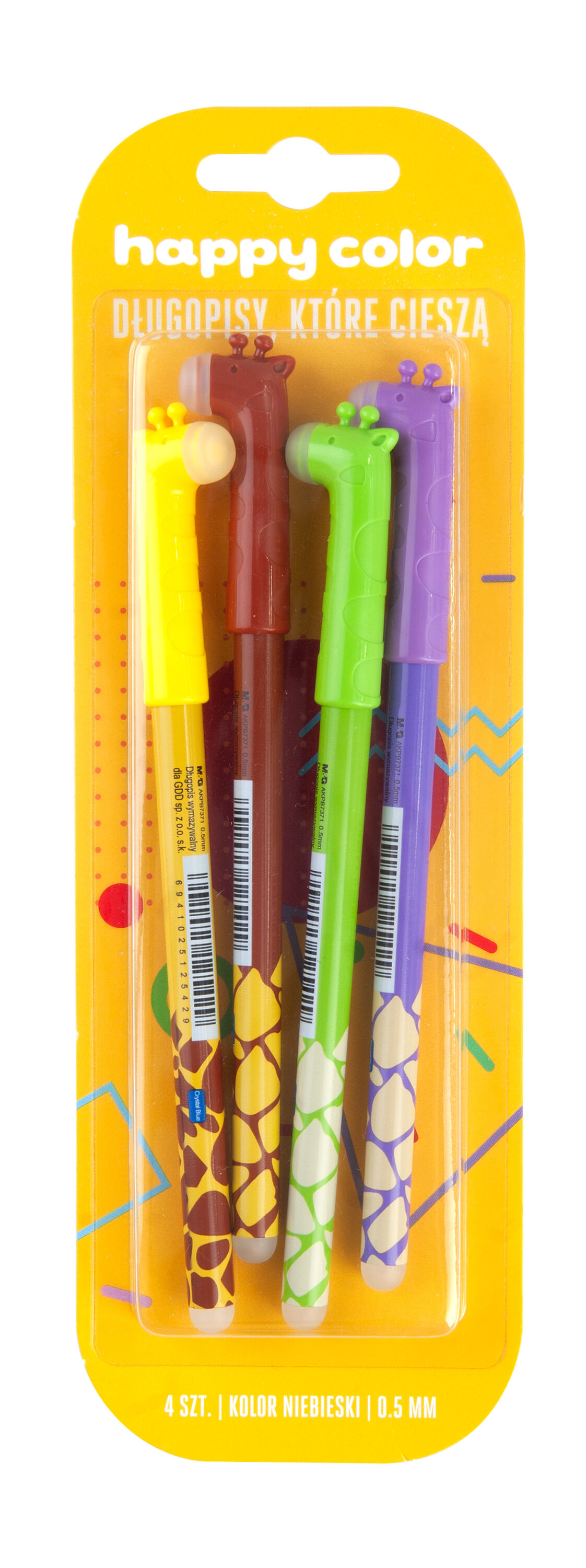 Długopis Happy Color Żyrafy zmazywalny 0.5mm 4 sztuki na blistrze