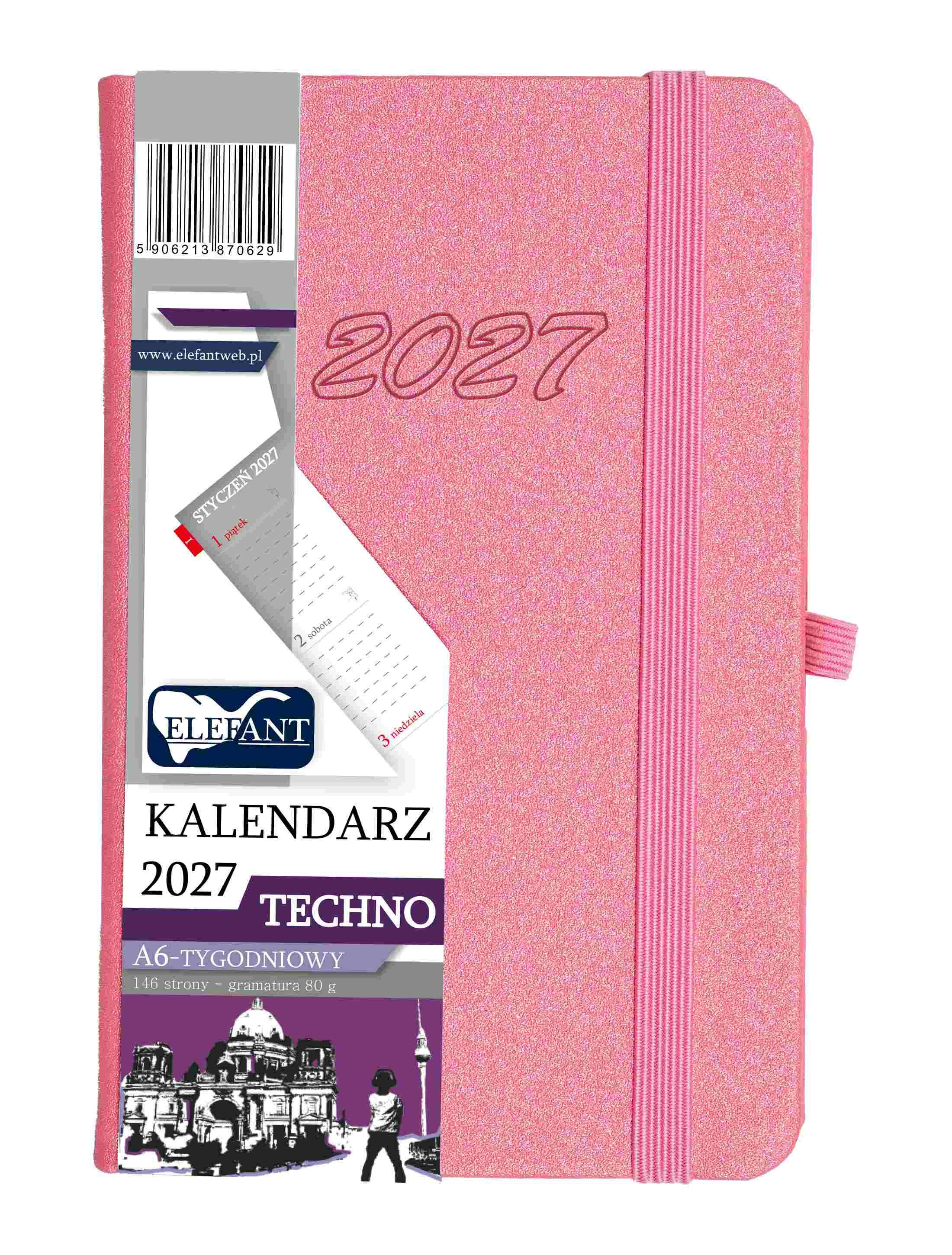 Kalendarz 2027 Techno A6 tygodniowy różowy