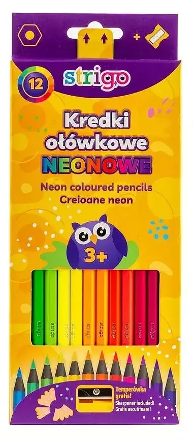 Kredki ołówkowe hexagonalne neonowe strigo czarne drewno 12 kolorów