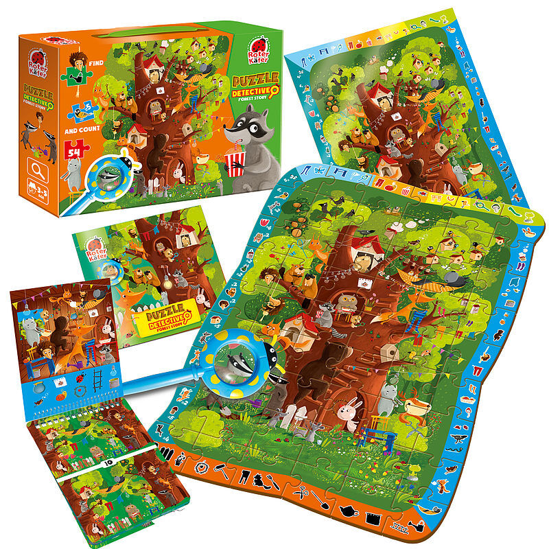Puzzle 54 z grą edukacyjną i lupą detective forest story rk1080-04