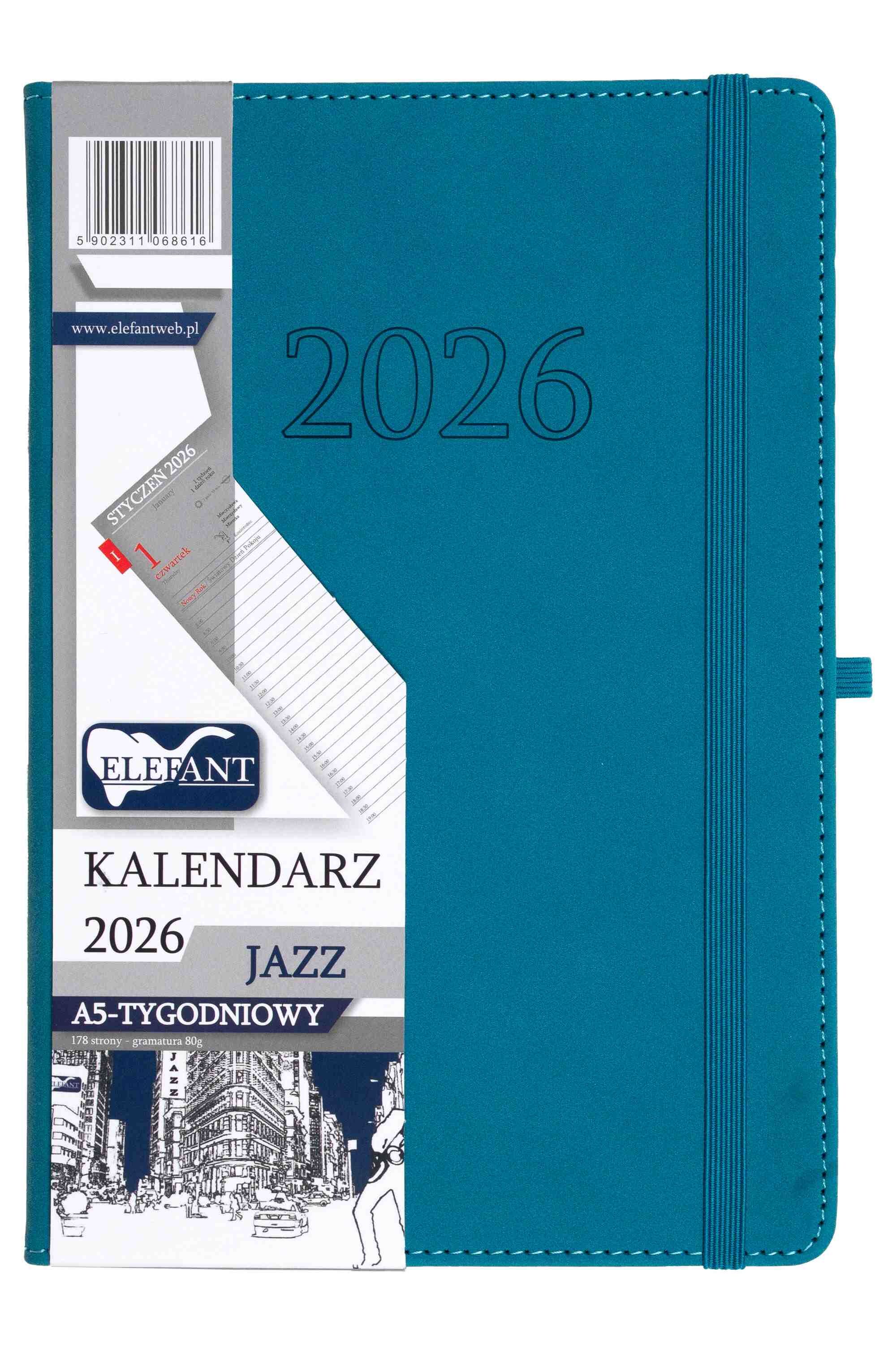 Kalendarz 2026 Jazz A5 tygodniowy turkusowy