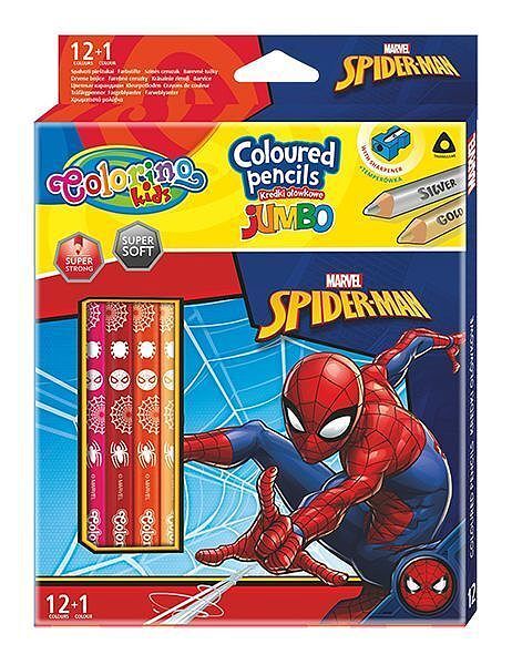 Kredki ołówkowe trójkątne jumbo colorino kids 13 kolorów 12 sztuk z temperówką spiderman