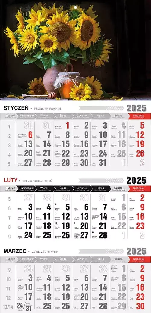 Kalendarz 2025 trójdzielny ekonomiczny z magnesem  słoneczniki kte vm-9