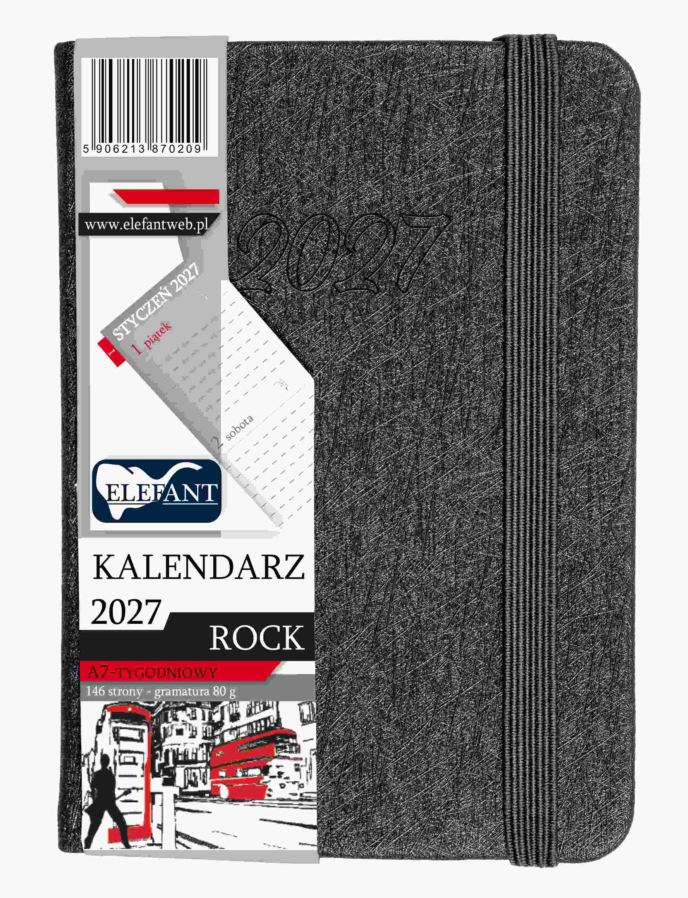 Kalendarz 2027 Rock A7 tygodniowy szary
